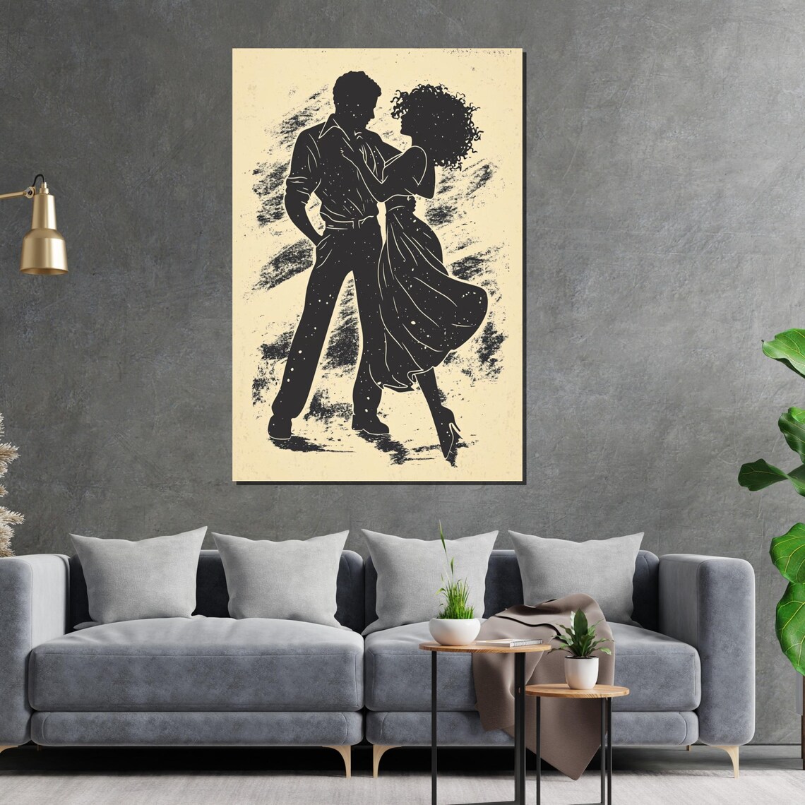 Dancing Couple Silhouette in Black on Cream Vintage Art Poster - Image 2