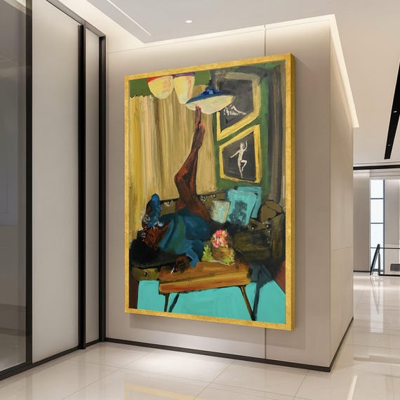 Relaxed Reclining Figure Modern Abstract Canvas Interior Scene Wall Art Colorful Home Decor Contemporary Painting Ready To Hang