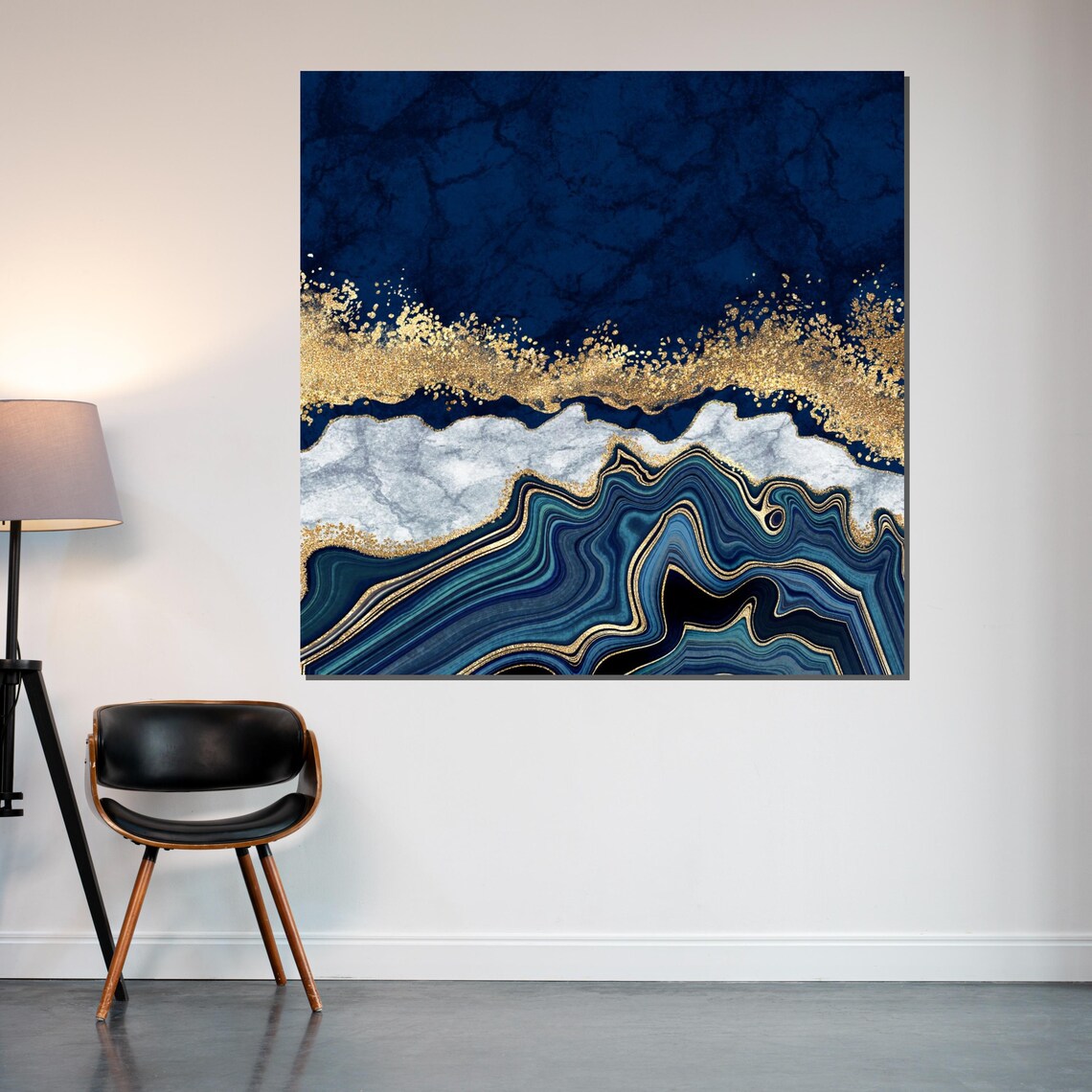 Blue Gold Marble Abstract Art Swirl, Geode Design - Image 2