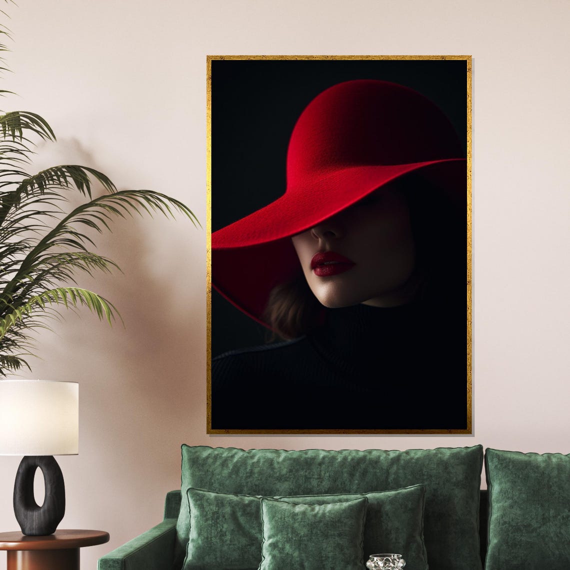 Elegant Mysterious Woman in Red Hat Dramatic Shadow Fashion Poster