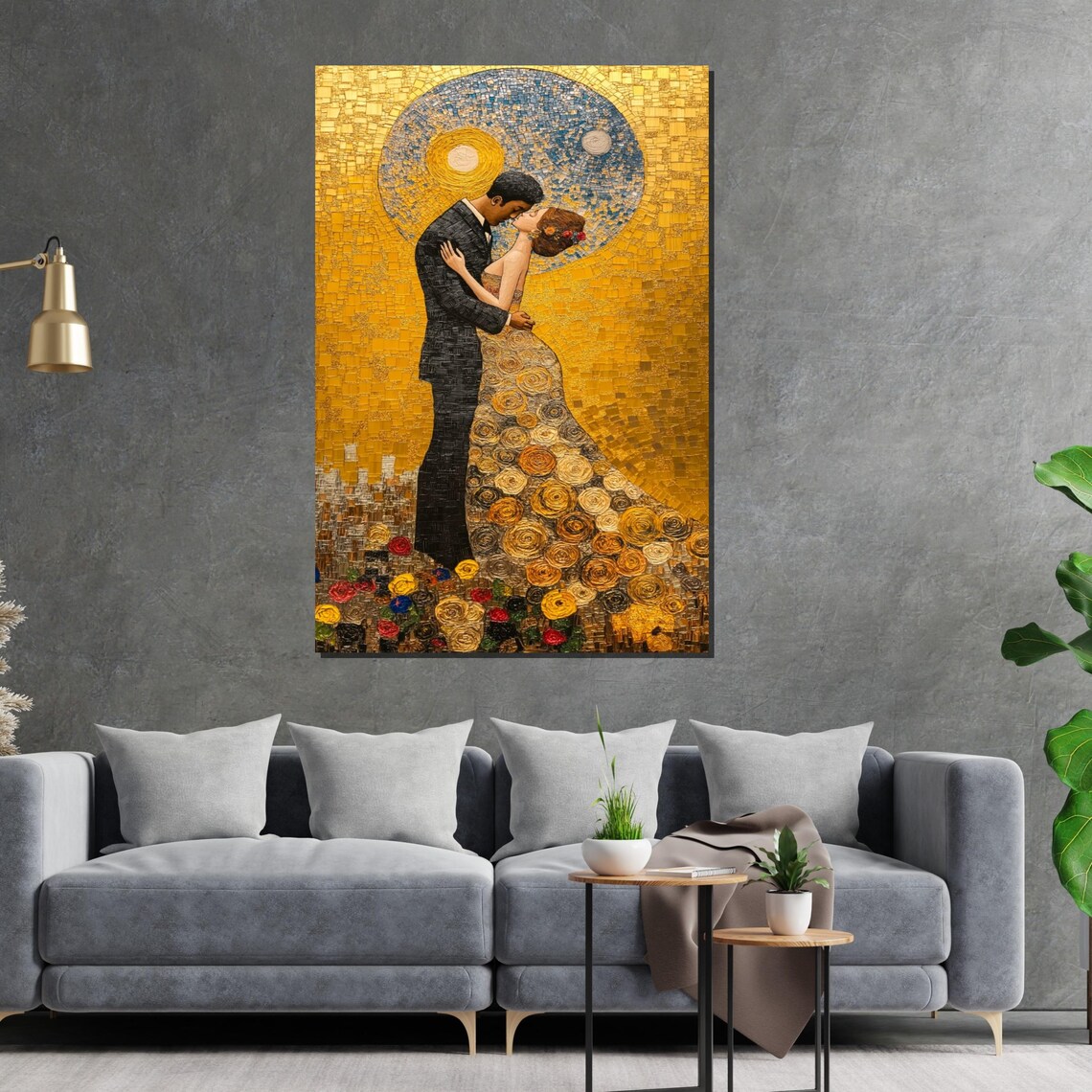 Shimmering Golden Mosaic Couple Kissing Klimt Style Romantic Poster - Image 2