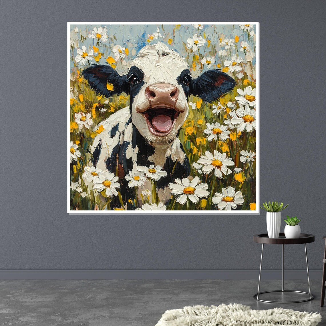 Laughing Cow Among Daisies Happy Farm Animal Funny Art Poster - Image 3