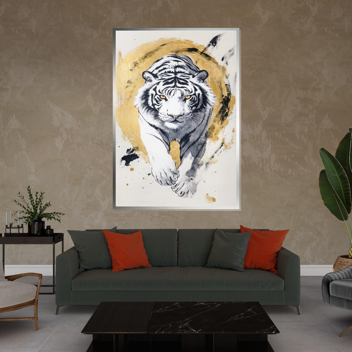 White Tiger Ink Wash Artwork Golden Circle Modern Wildlife Art Poster - Image 4