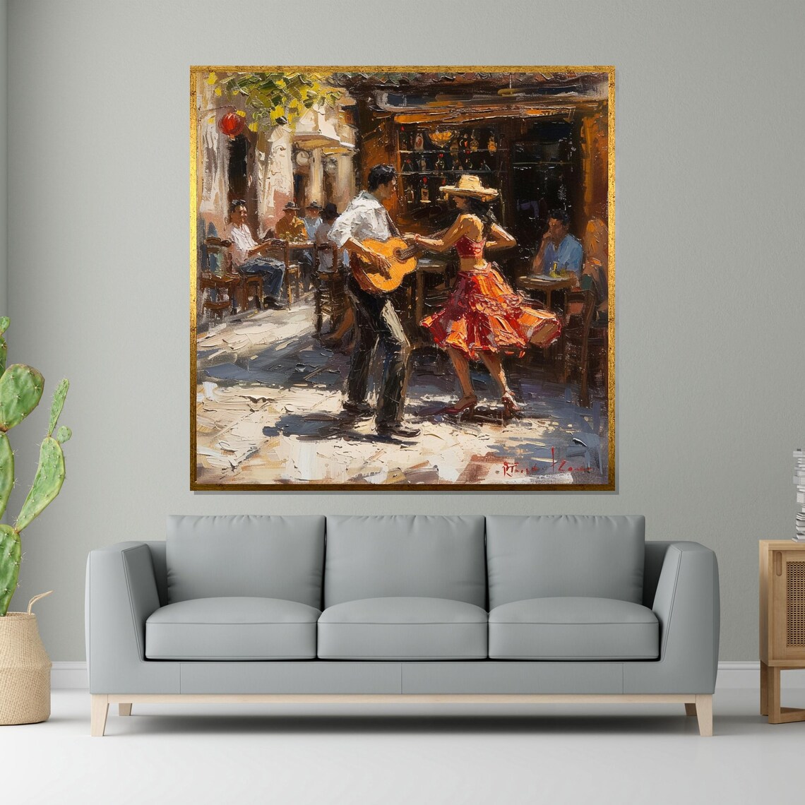 Street Guitarist and Dancing Woman Impressionist Cafe Scene Poster