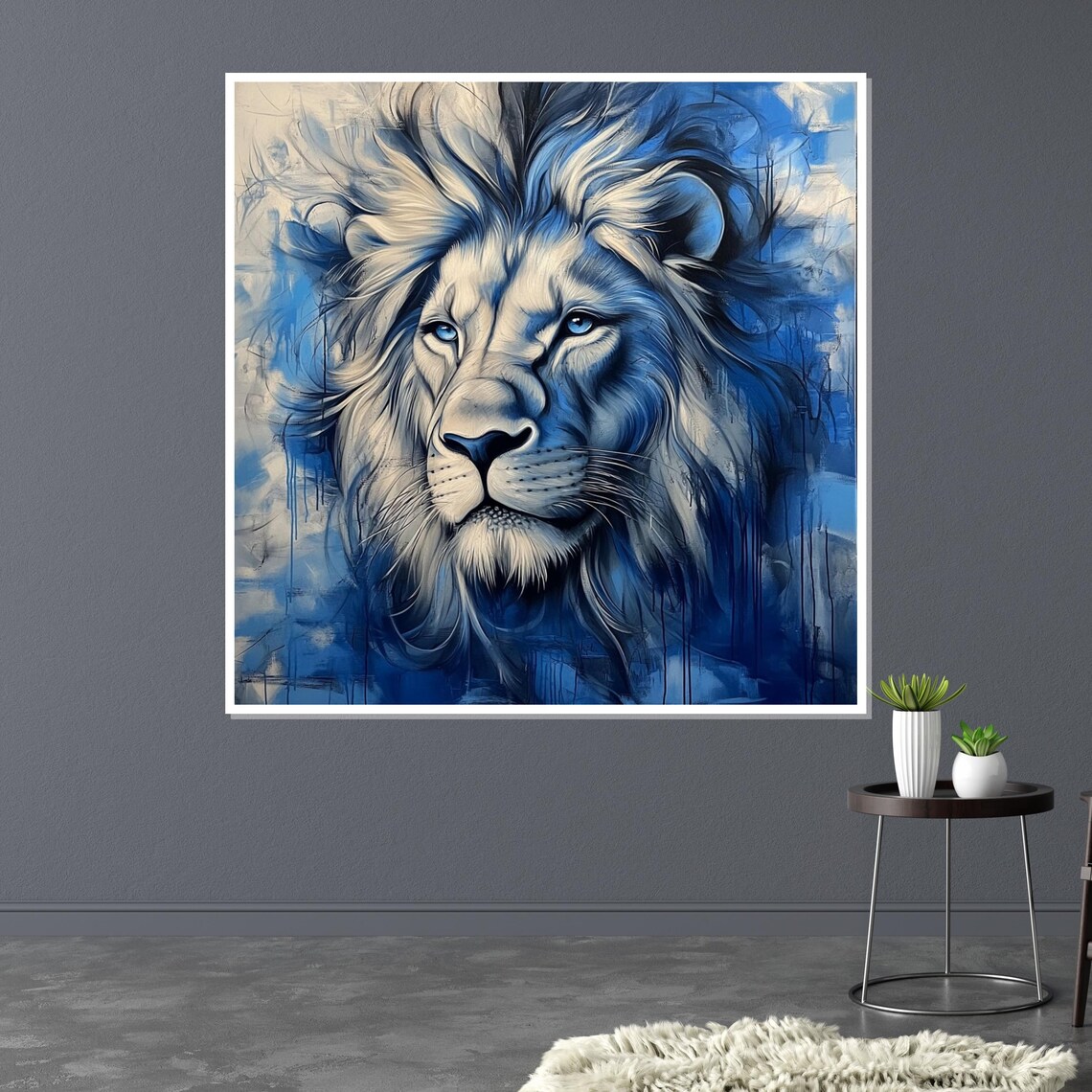 Blue Lion Wildlife Art Print, Regal Animal Poster - Image 3