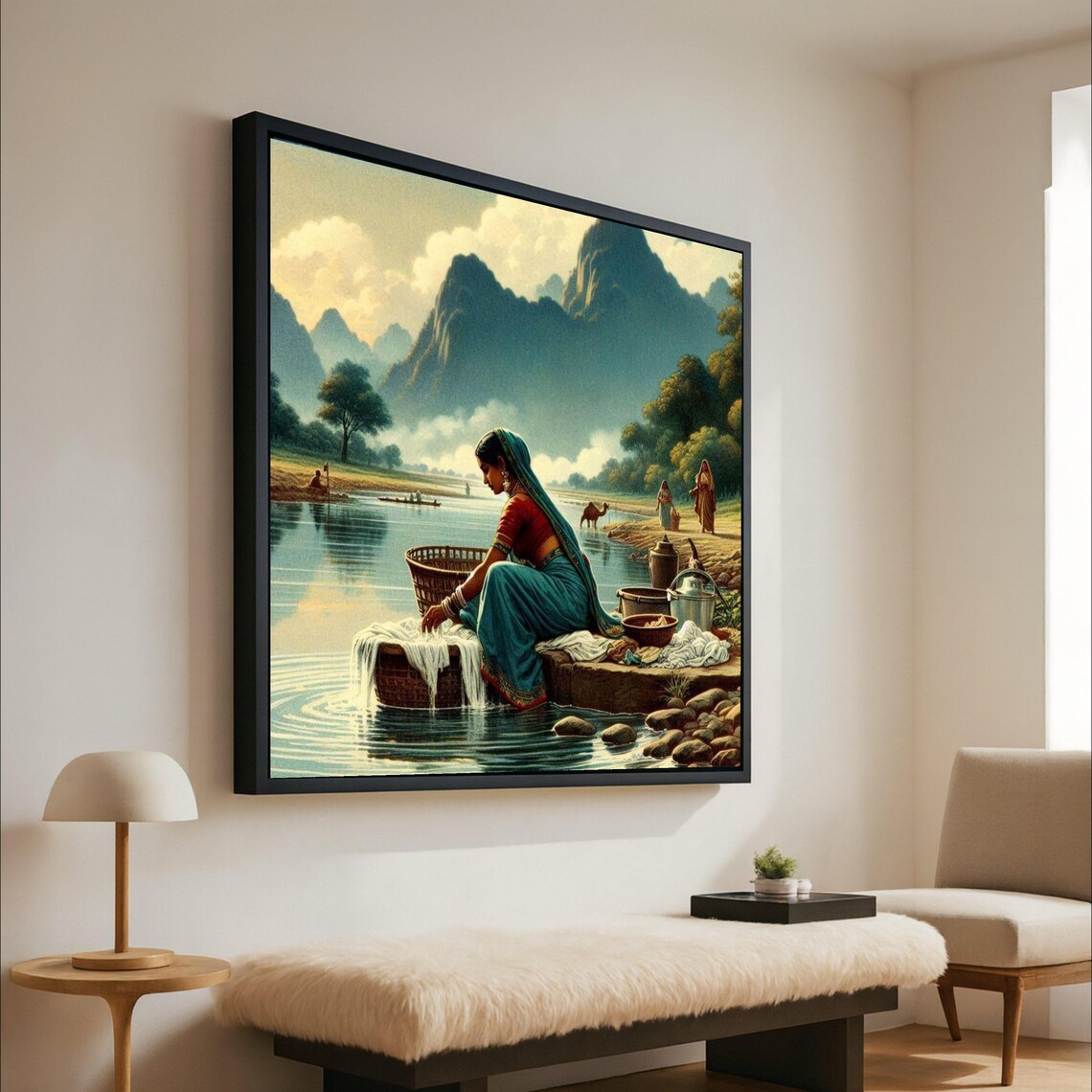 Village River Wall Art Print, Landscape Decor