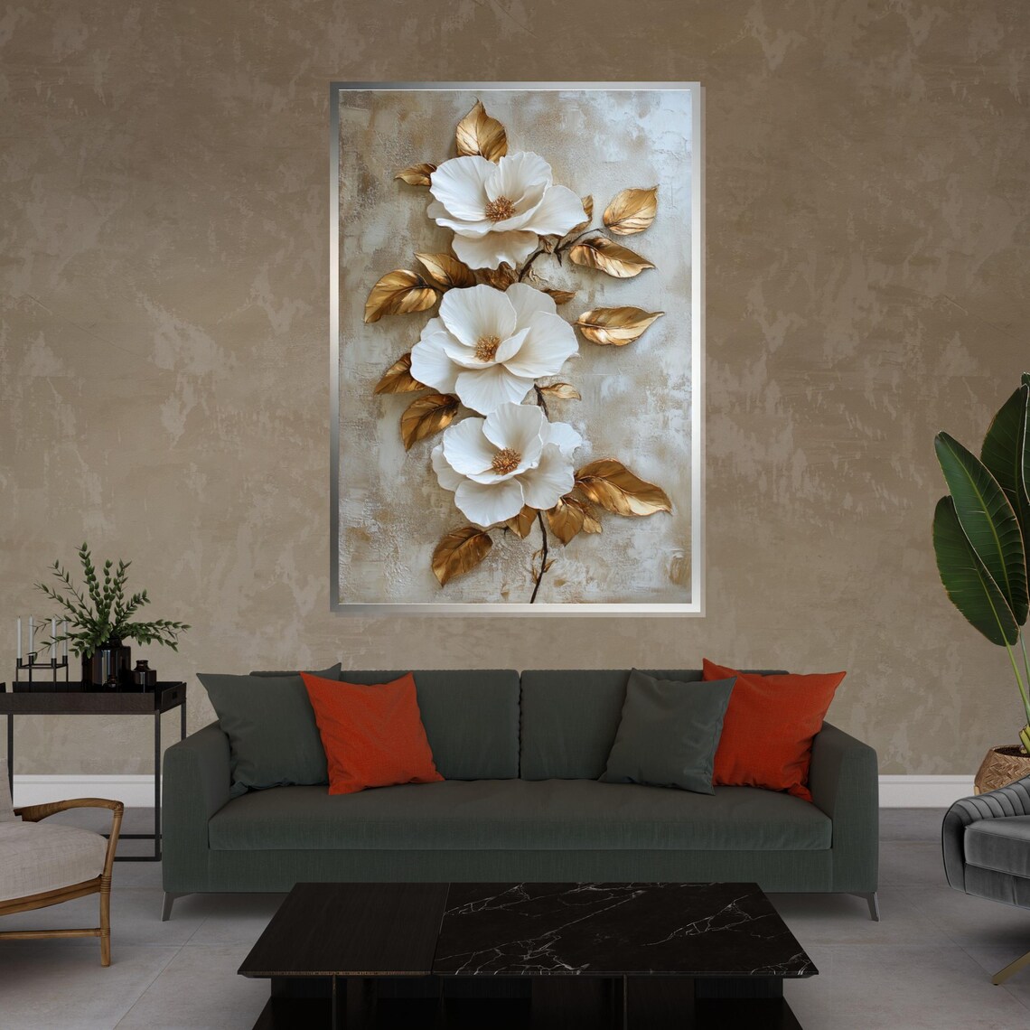 White Floral Elegance, Gold Leaf Botanical Art Print - Image 4