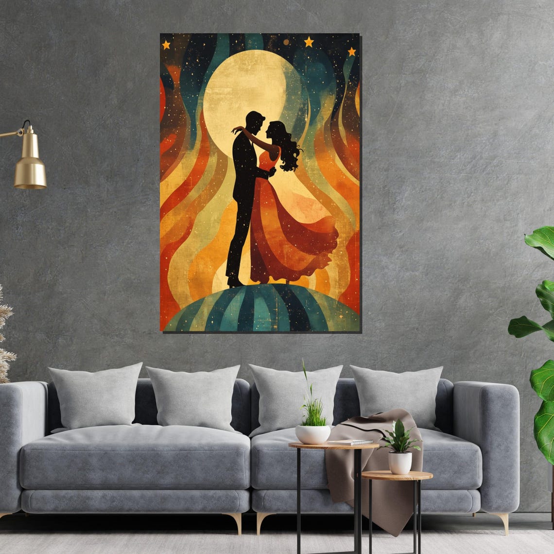 Lovers Silhouette Under Full Moon Retro Boho Romance Art Poster - Image 2