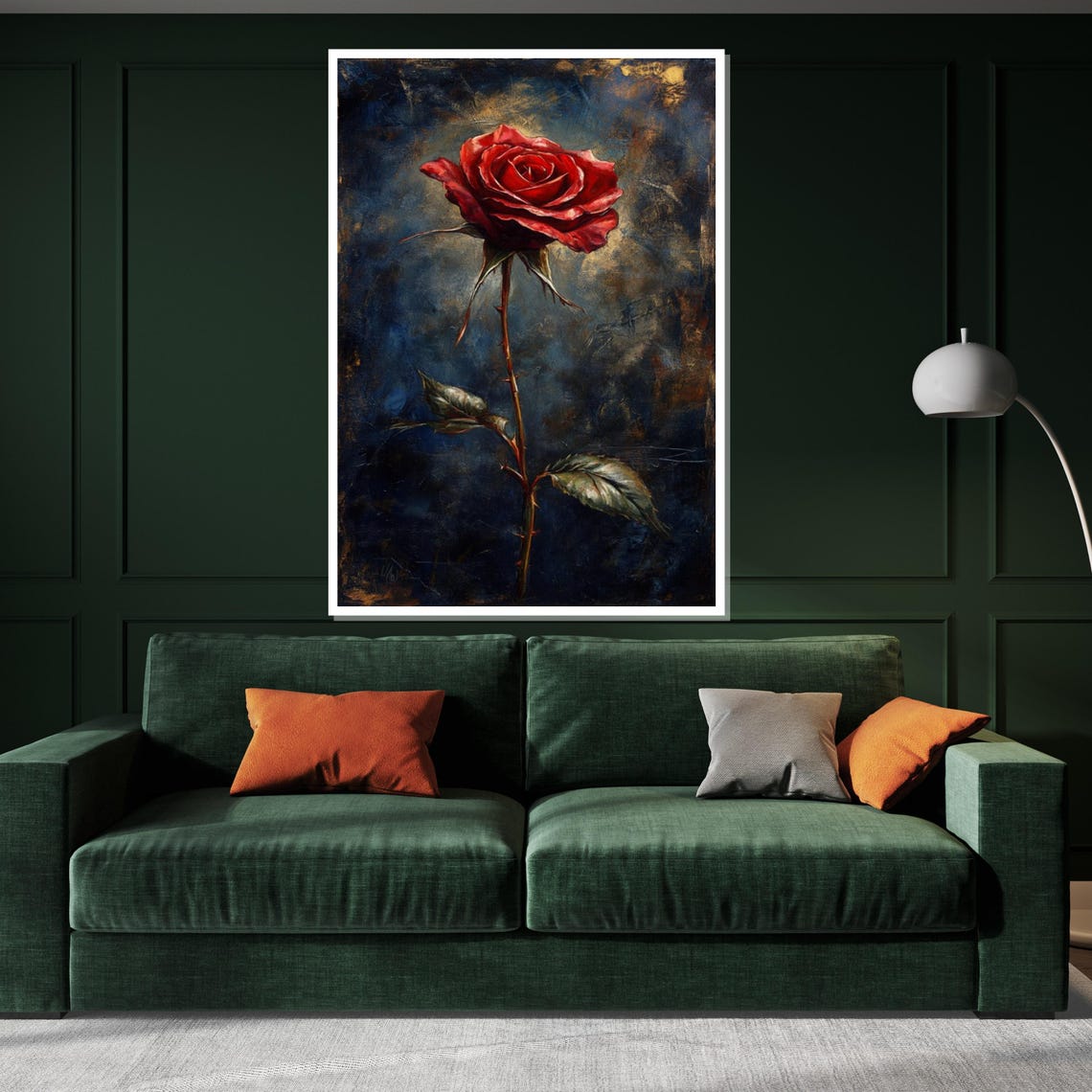 Single Red Rose Dark Moody Oil Painting Botanical Vivid Wall Art - Image 3