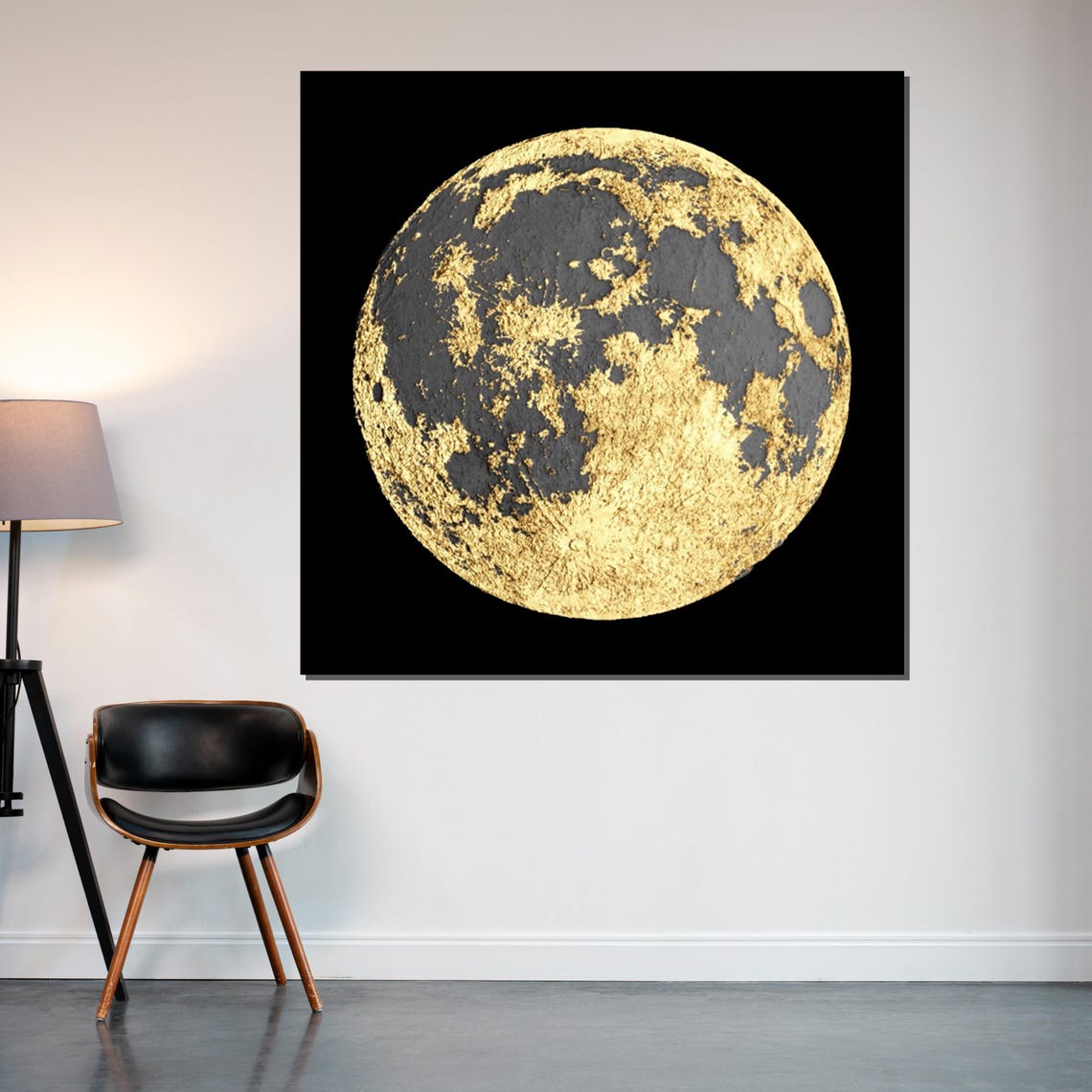 Golden Full Moon Black Night Sky Textured Lunar Celestial Wall Art - Image 2