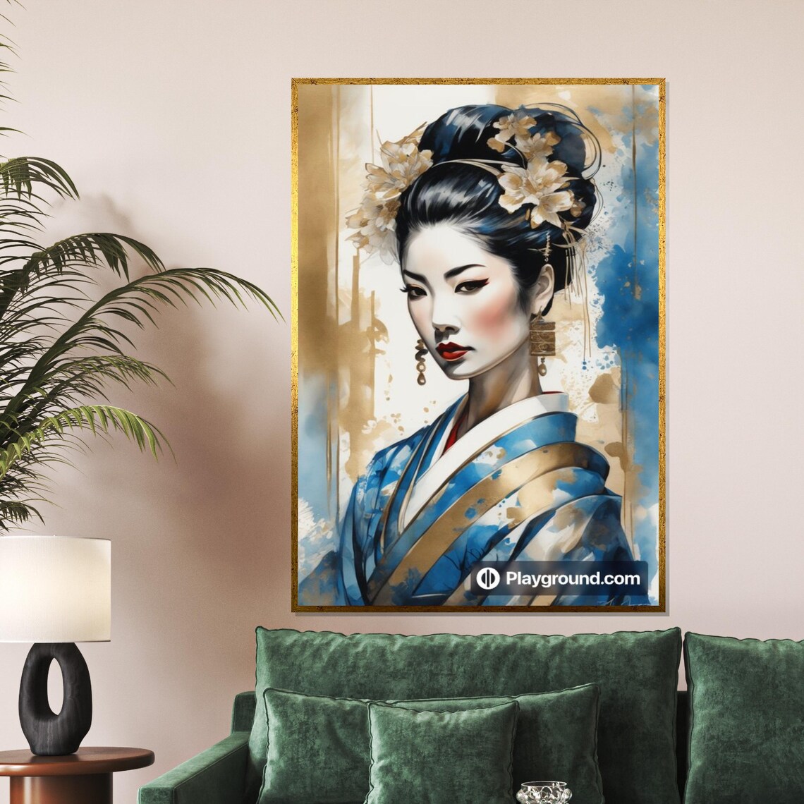 Elegant Geisha Blue Kimono Golden Floral Graceful Portrait Art Poster