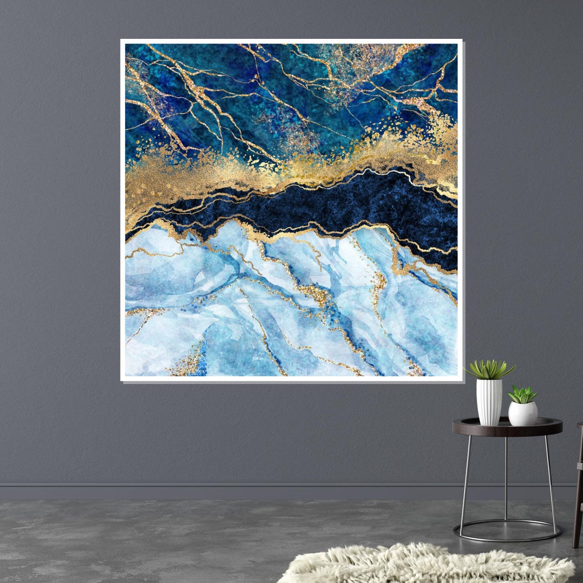 Blue Marble Gold Veins Luxury Abstract Stone Swirl Elegant Wall Art - Image 3