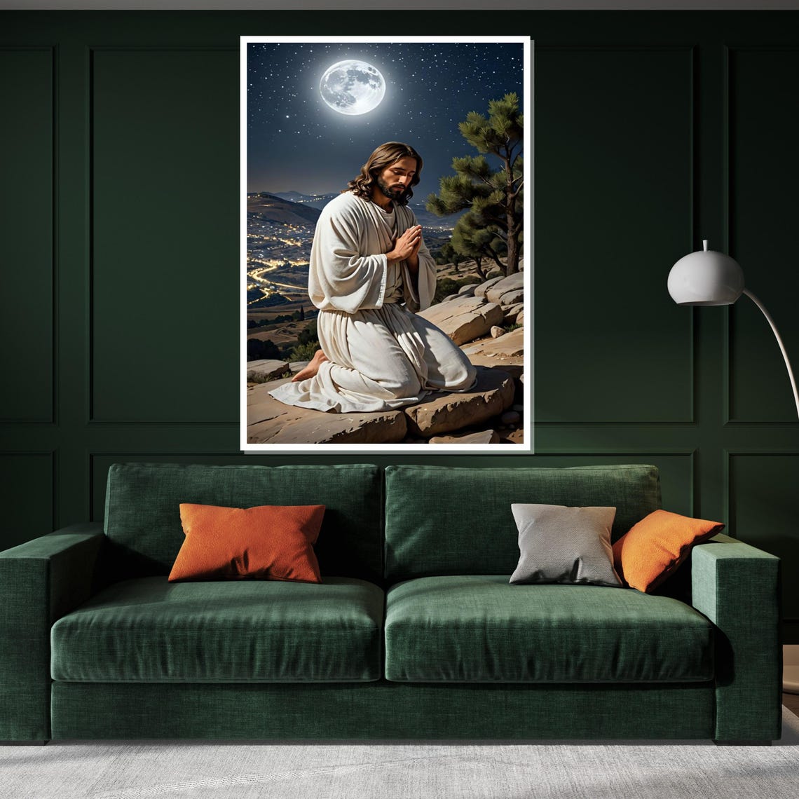 Jesus Praying Under Full Moon Night Mountain Christian Wall Art - Image 3