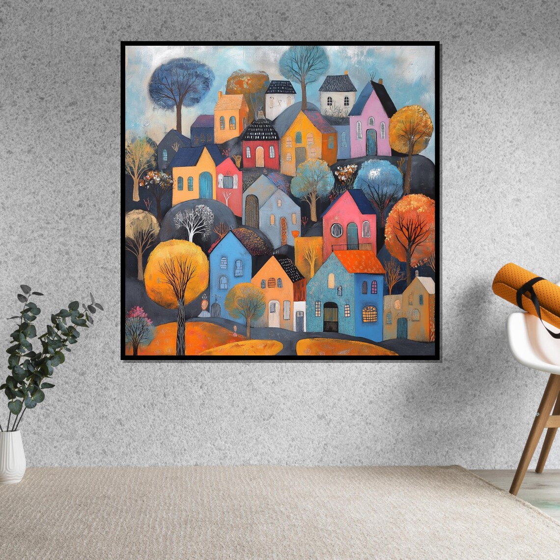 Whimsical Colorful Village Houses Hillside Folk Art Decor Poster - Image 5
