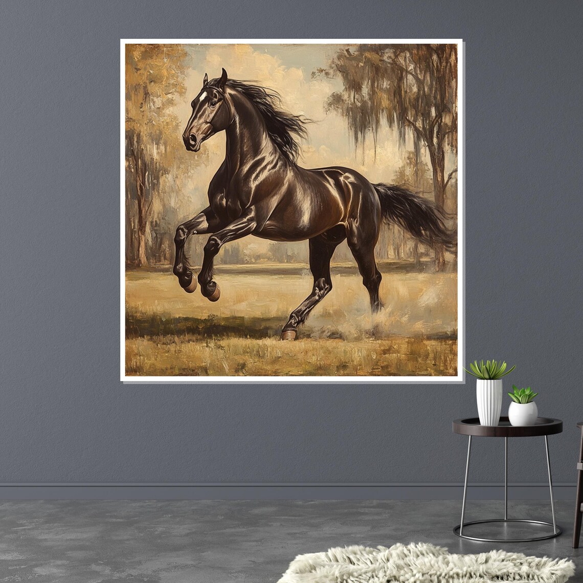 Black Stallion Golden Meadow Classic Equestrian Oil Style Print - Image 3