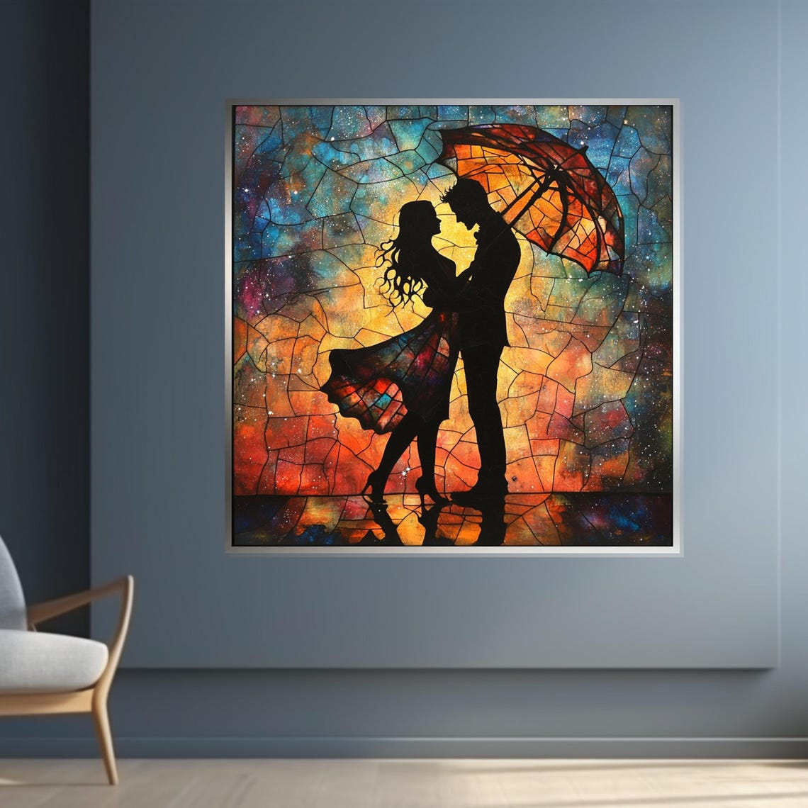 Romantic Couple Under Umbrella Vibrant Stained Glass Style Poster - Image 4