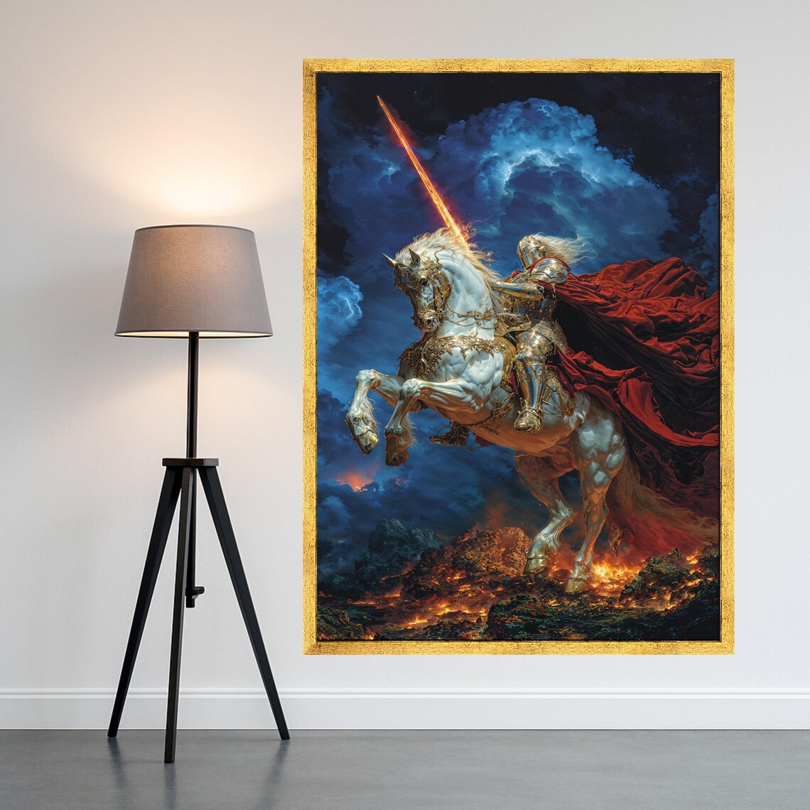 Epic Knight On White Horse With Flaming Sword Fantasy Battle Wall Art