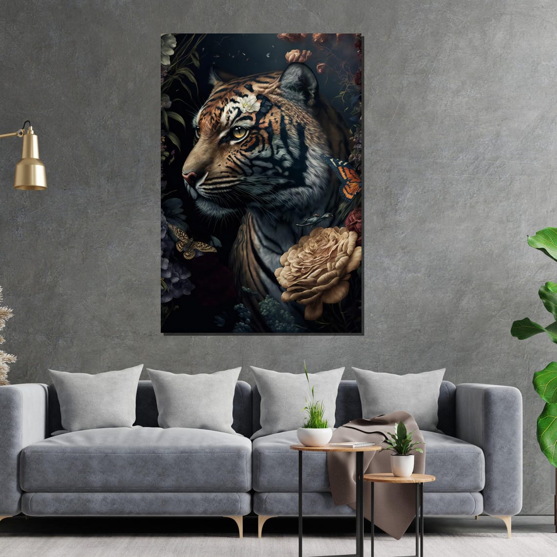 Tiger Profile Dark Botanical Butterflies Floral Jungle Art Poster - Image 2