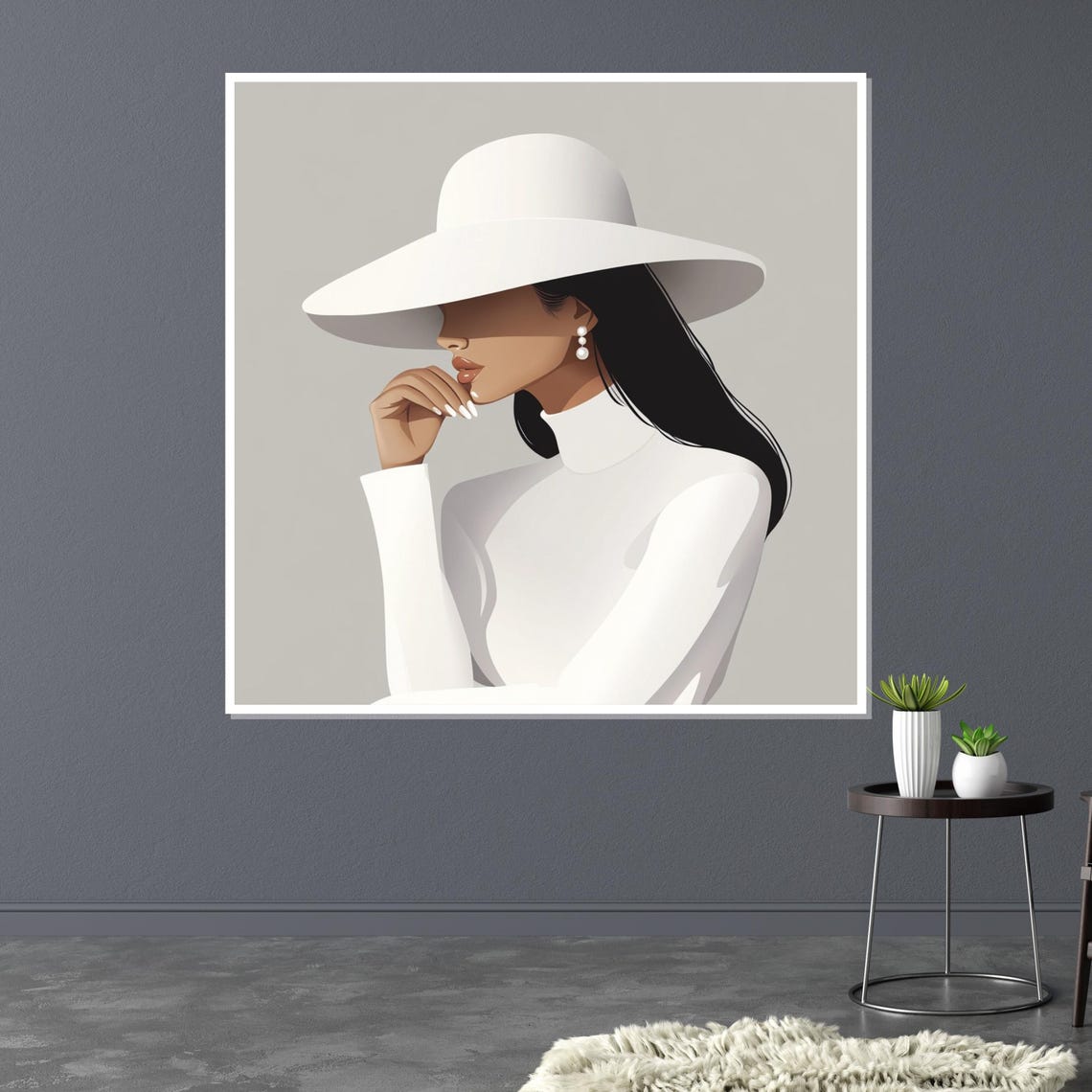 Minimalist Lady In White Hat And Turtleneck Soft Neutral Style Poster - Image 2