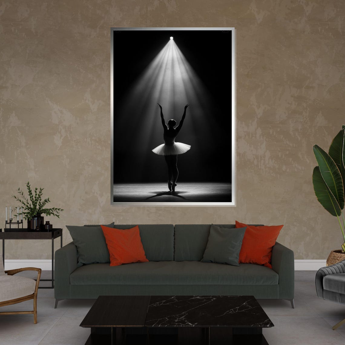 Ballerina Silhouette Under Stage Spotlight Black and White Poster - Image 4