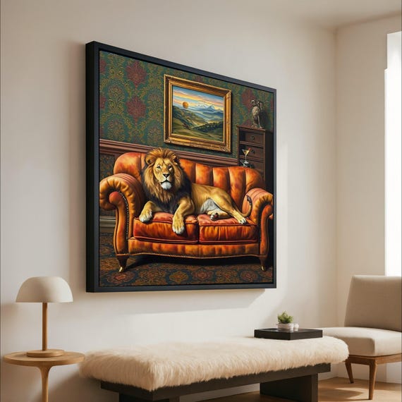 Lion On Leather Sofa Canvas Print Regal Animal Wall Art Ready To Hang Bold Jungle Decor Statement Decoration