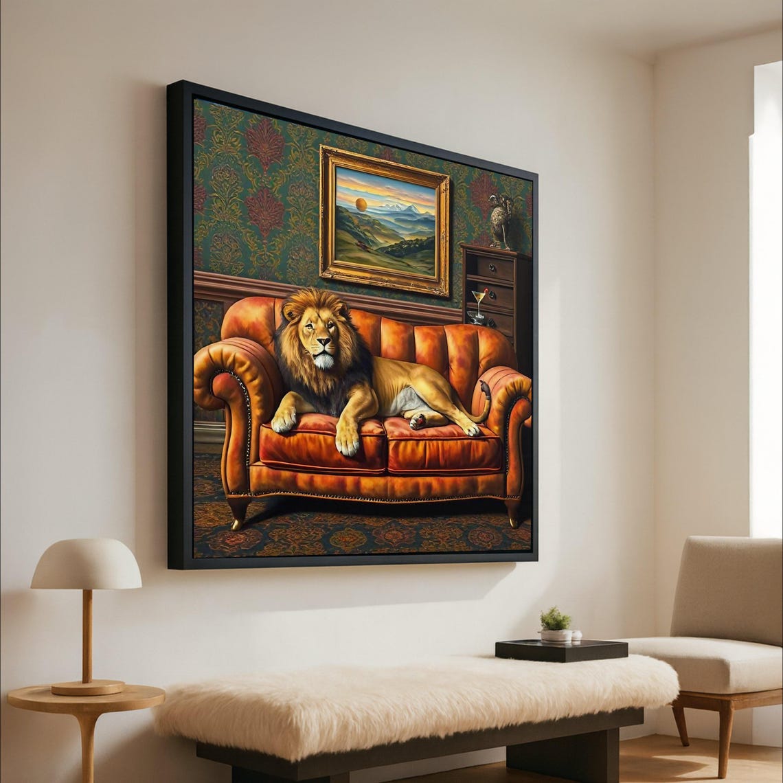 Lion Lounging on Tan Leather Sofa Regal Vintage Animal Poster