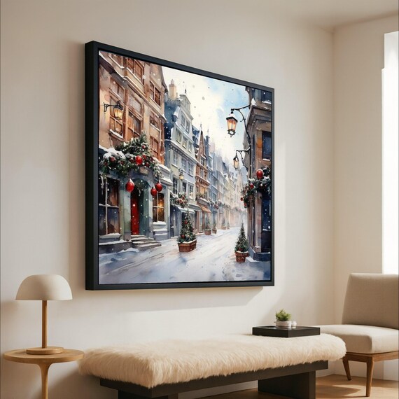 Snowy Christmas Village Street Watercolor Winter Holiday Wall Art