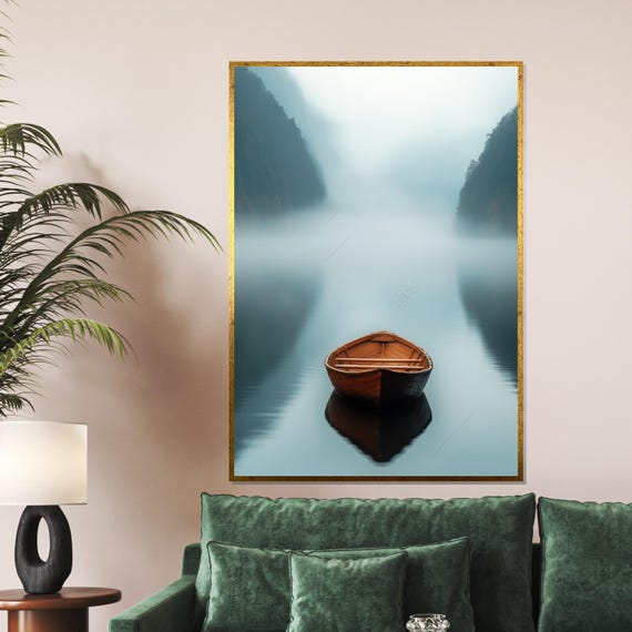 Serenity Boat Misty Lake Wall Art Tranquil Landscape Print Nature Poster Wall Art Design Ready To Hang Decoration