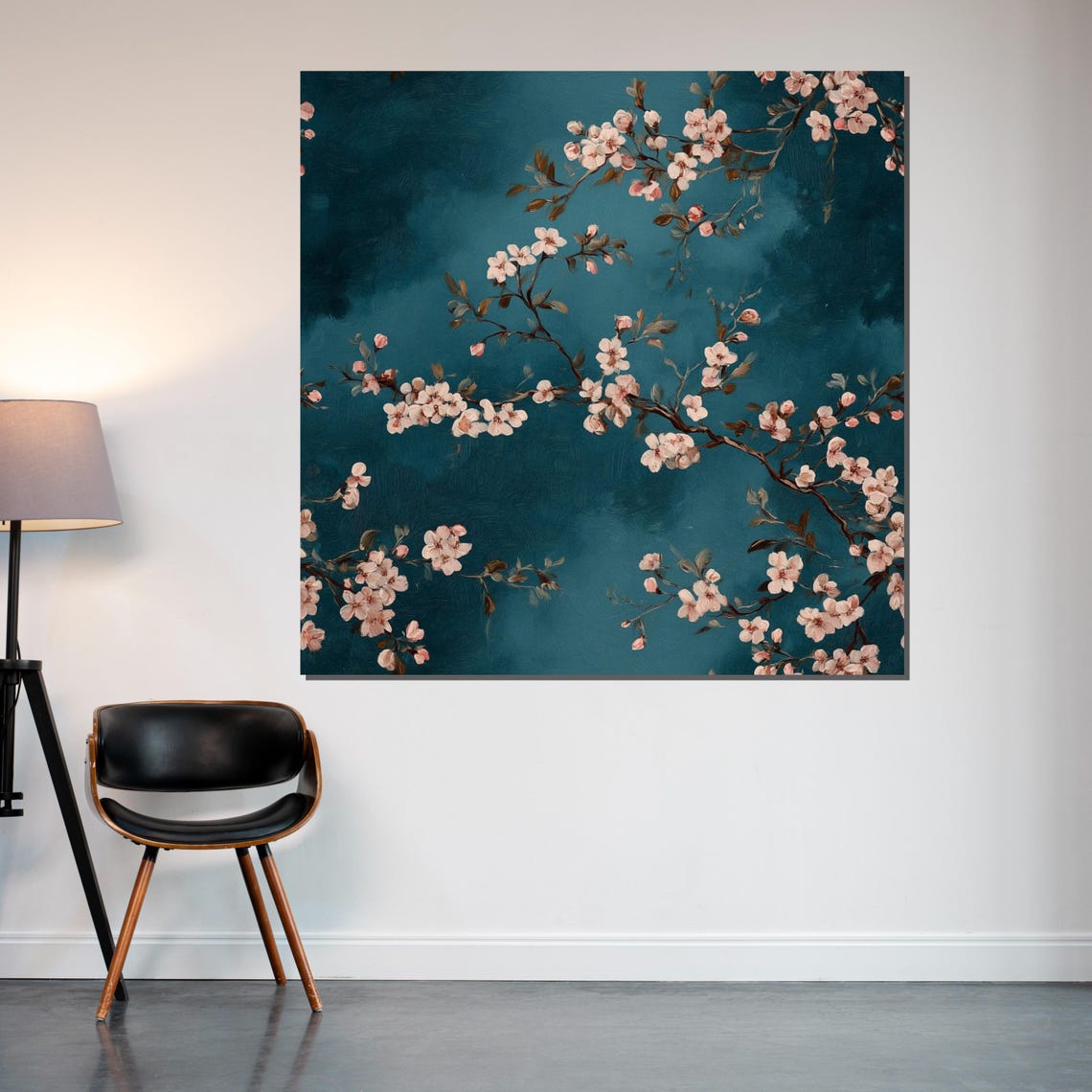 Cherry Blossoms Teal Background Square Floral Painting Poster - Image 2