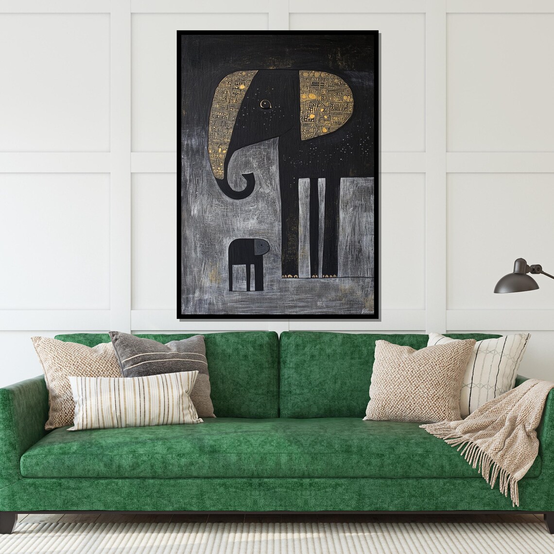 Elephant Mother Baby Black Gold Naif Style Tender Family Wall Art - Image 5
