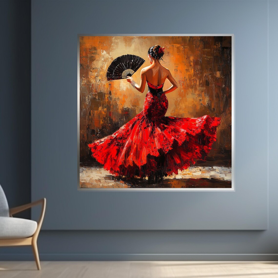 Flamenco Dancer from Behind with Black Fan Red Dress Art Poster - Image 4