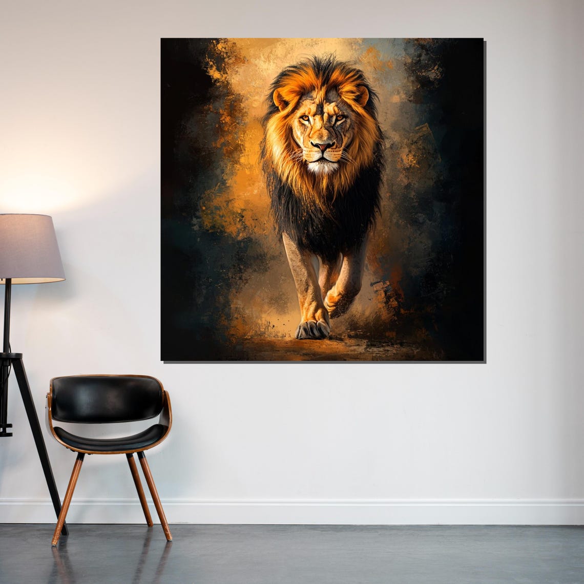 Lion Walking Forward Darkness Dramatic Gold Wildlife Art Poster - Image 2