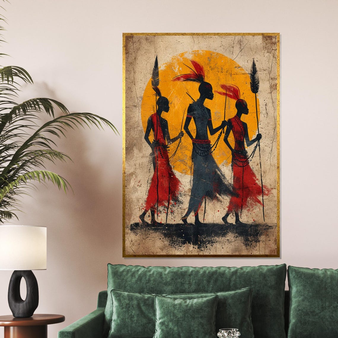 Tribal Warriors Silhouette Spears Orange Sun Ethnic Art Poster