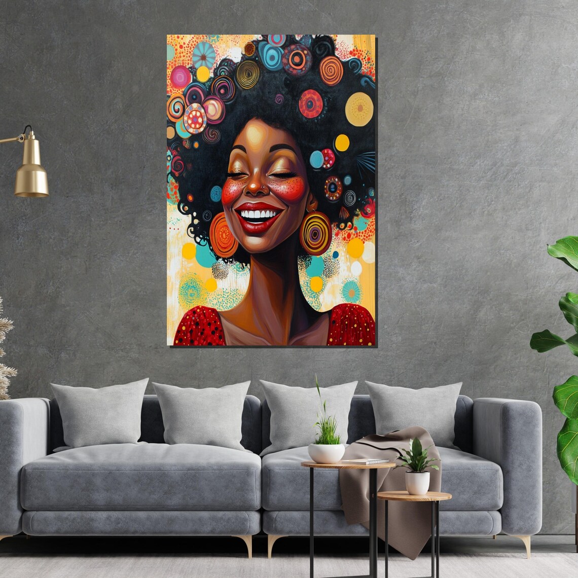 Joyful African Woman Smiling Colorful Afro Patterned Hair Art Poster - Image 2