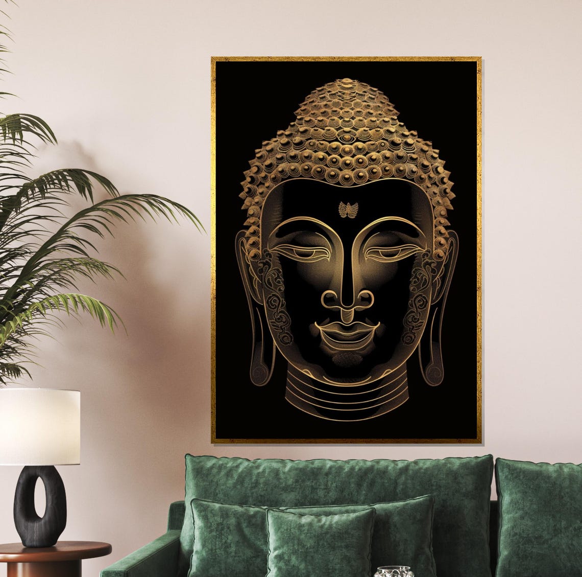 Golden Buddha Face Line Art Black Background Zen Portrait Poster