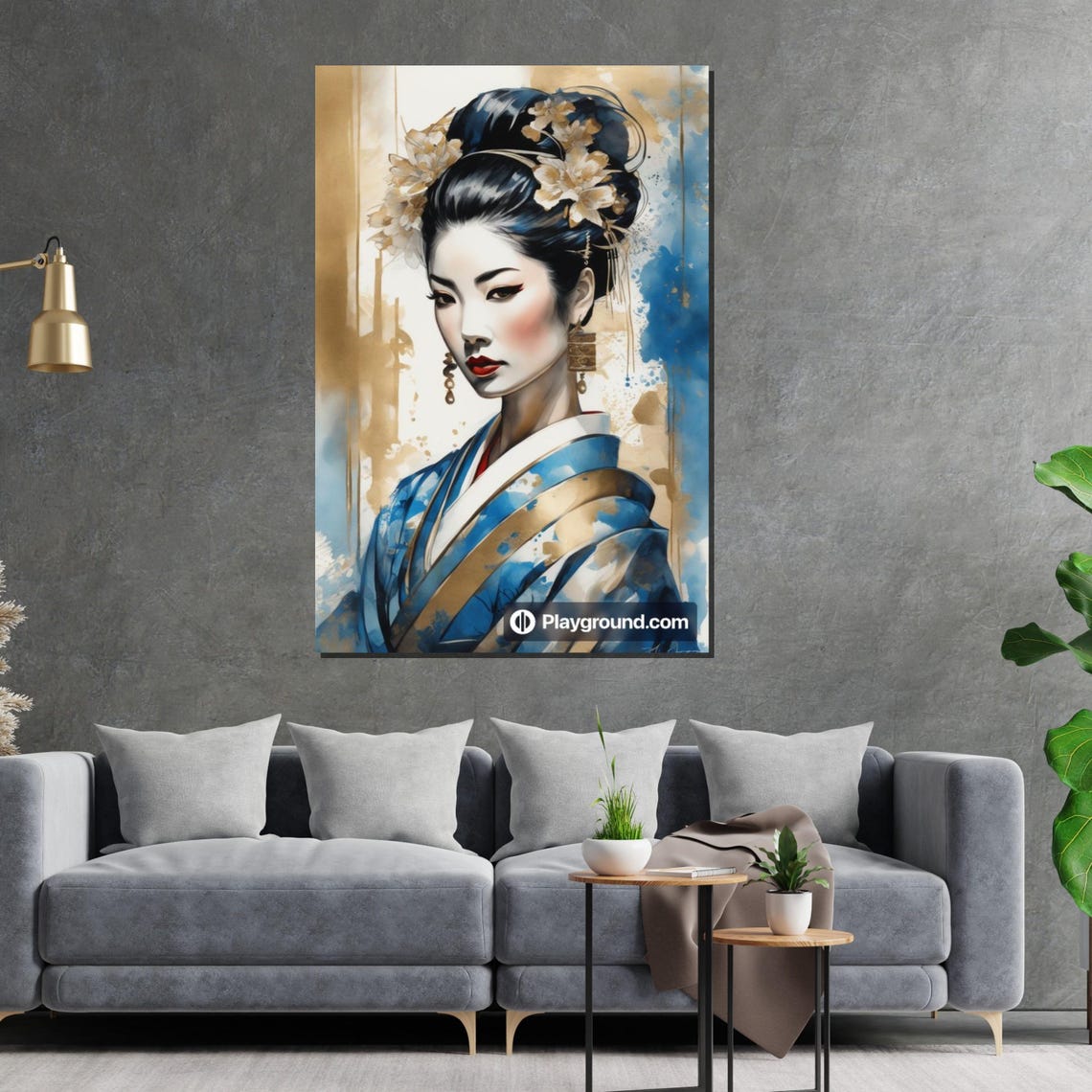 Elegant Geisha Blue Kimono Golden Floral Graceful Portrait Art Poster - Image 2