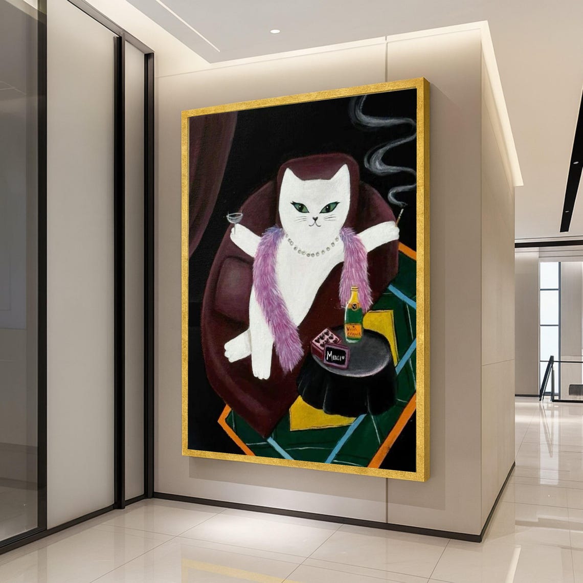 Glamorous White Cat Cocktail Retro Whimsical Feline Canvas Print