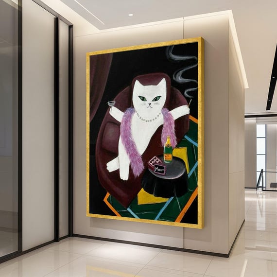 Glamorous White Cat Cocktail Retro Whimsical Feline Canvas Print