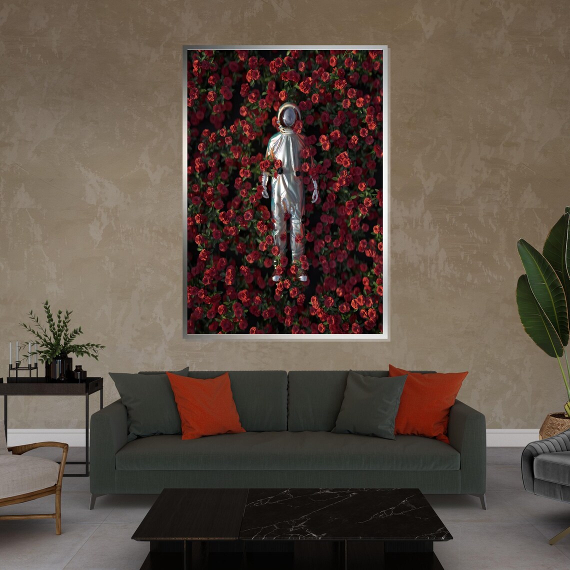 Astronaut Floating in a Sea of Red Roses Surreal Space Art Poster - Image 4