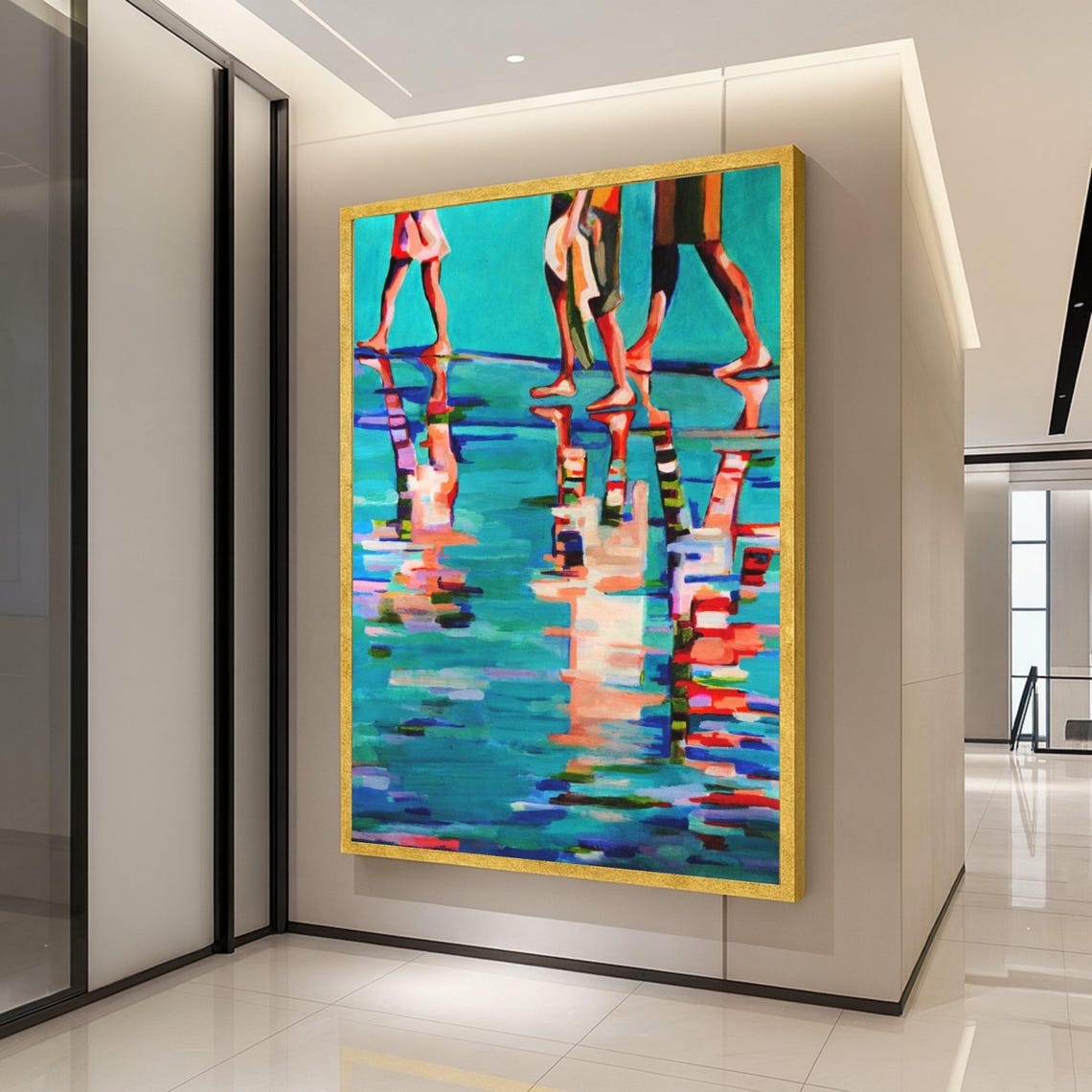 Beach Walk Reflections Colorful Abstract Coastal Painting Wall Art