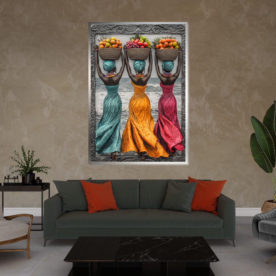 Three Women Fruit Baskets Colorful African Beach Scene Art Poster - Image 4