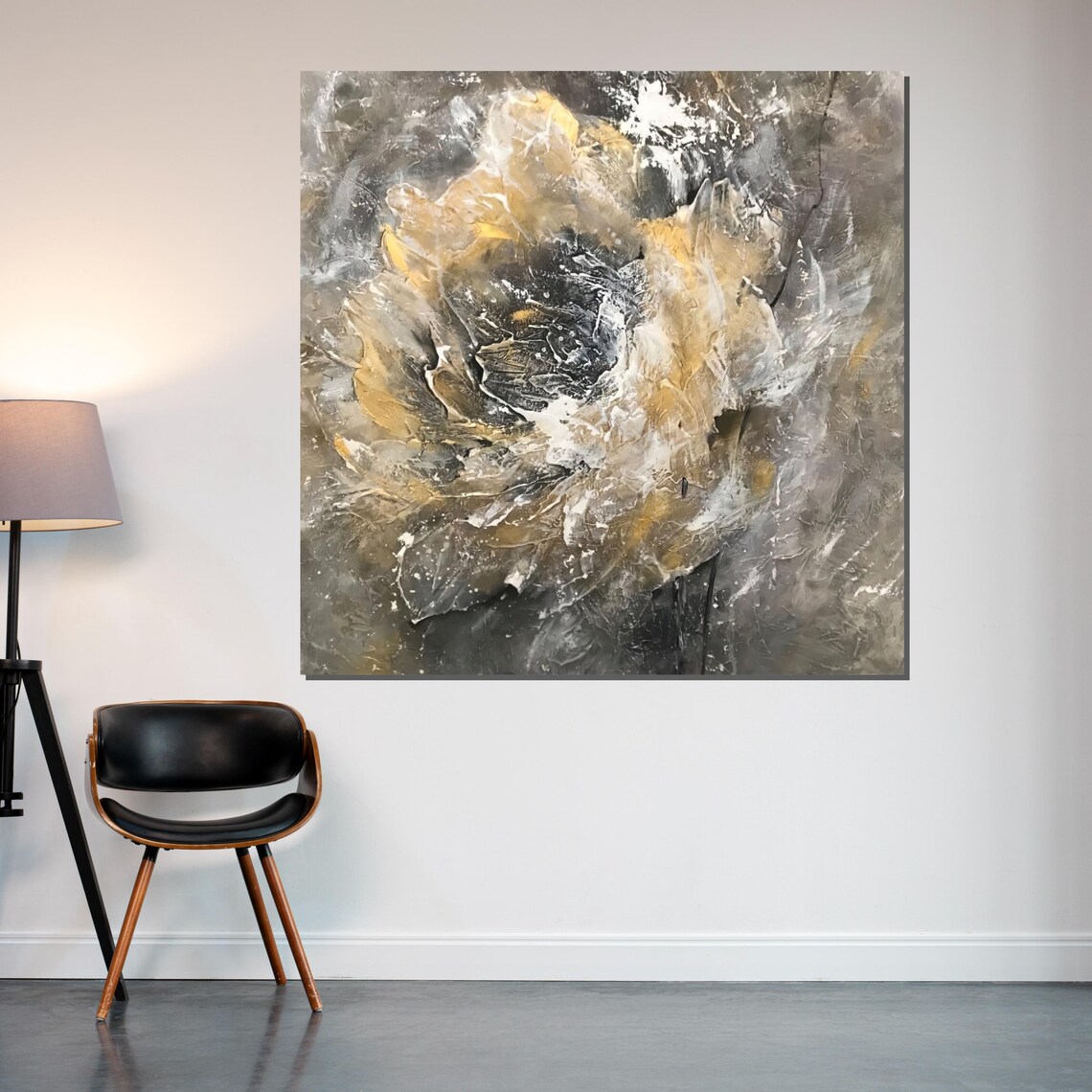 Gold and Gray Abstract Textured Swirl Modern Flower Art Poster - Image 2