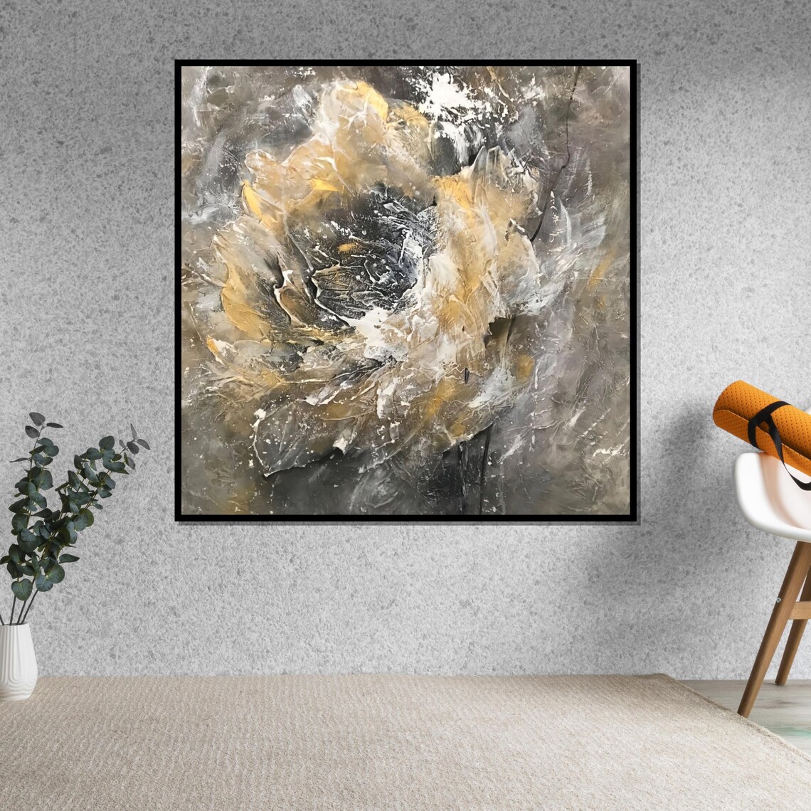 Gold and Gray Abstract Textured Swirl Modern Flower Art Poster - Image 5