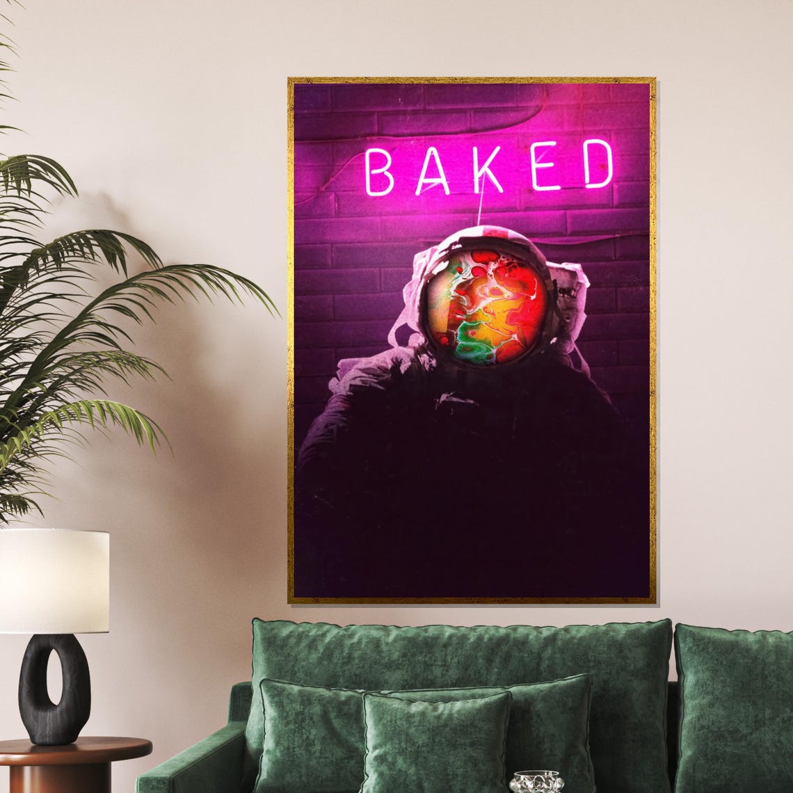 Psychedelic Astronaut Canvas Surreal Wall Art Neon Space Framed Design Ready To Hang Decor Cosmic Poster