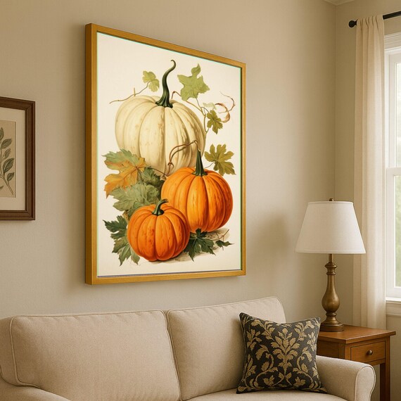 Autumn Harvest Pumpkins Vintage Botanical Canvas Fall Pumpkin Wall Art Seasonal Vegetable Illustration Rustic Home Ready To Hang
