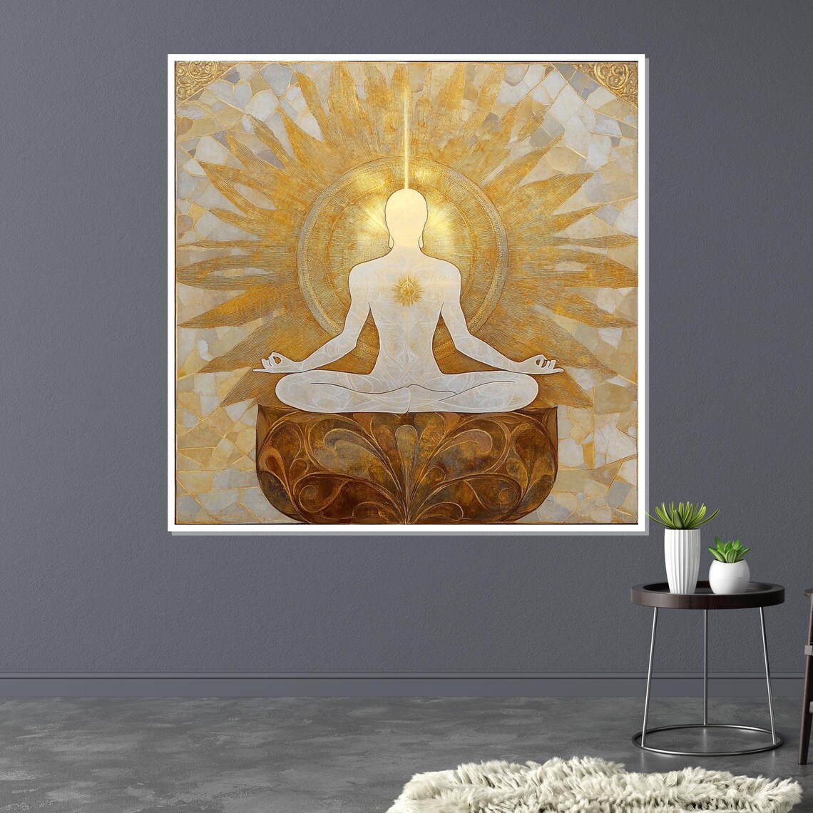Golden Sunburst Meditation Silhouette Spiritual Modern Art Poster - Image 3