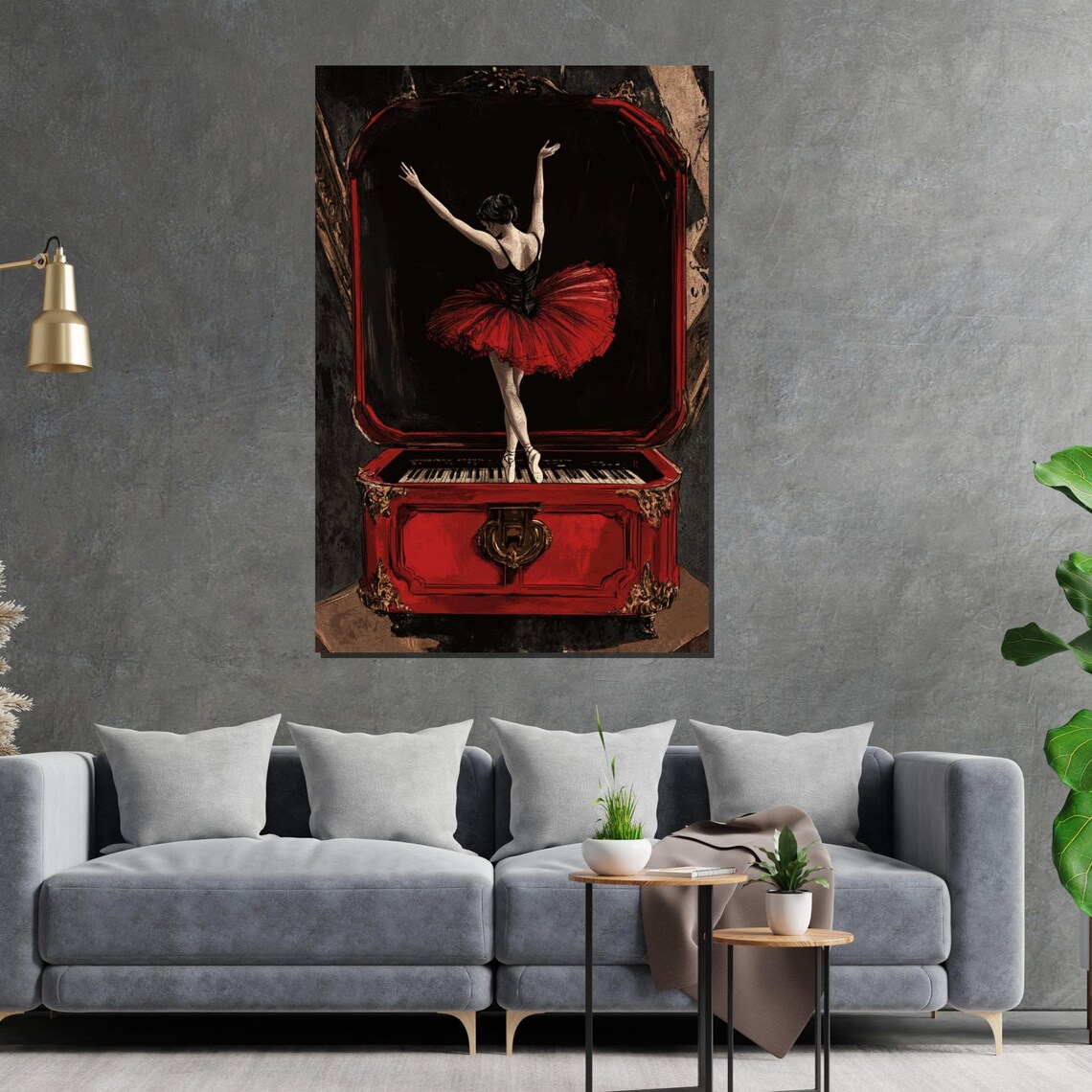 Red Tutu Ballerina Emerging from a Vintage Music Box Art Poster - Image 2