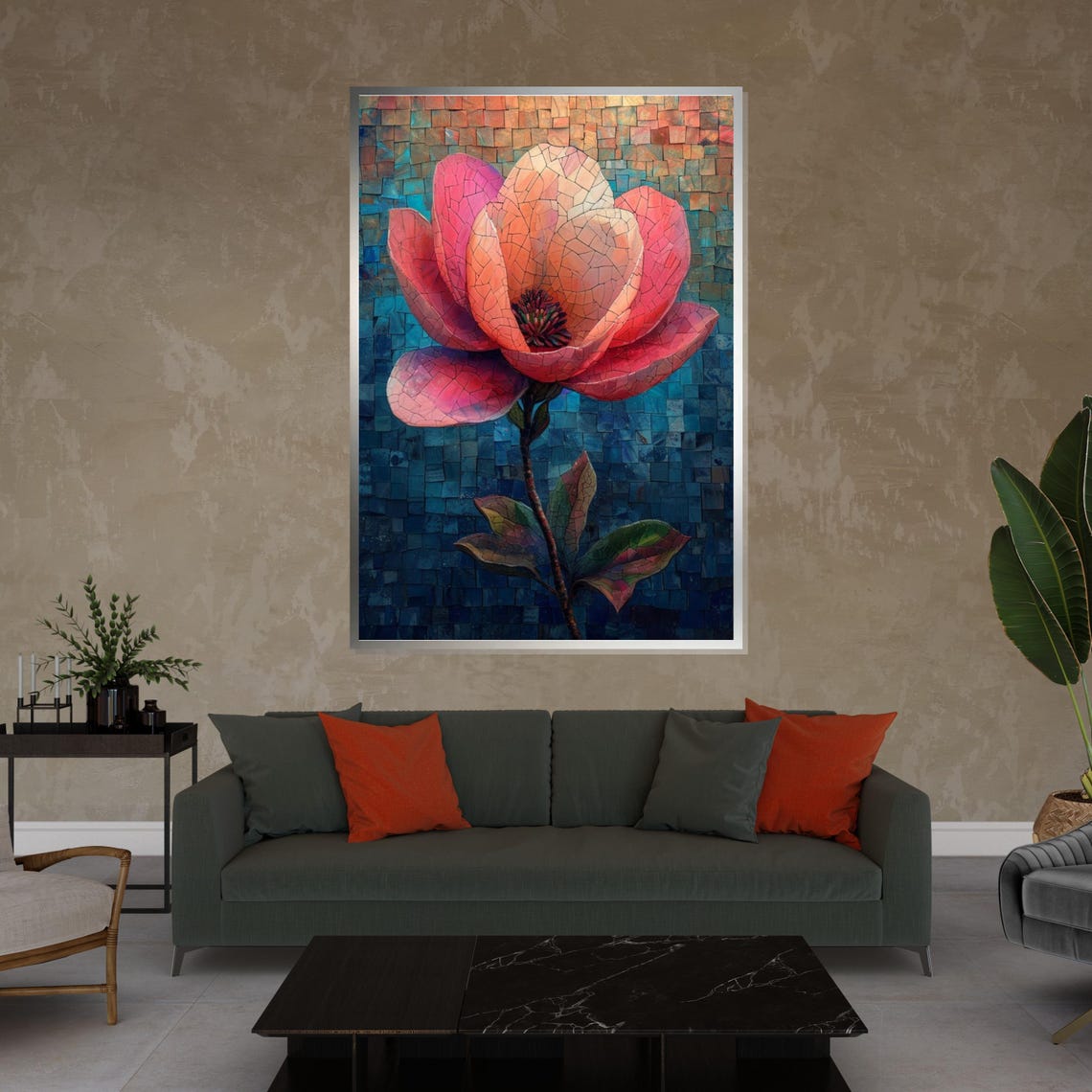 Pink Magnolia Mosaic Art Blue Background Floral Design Poster - Image 4