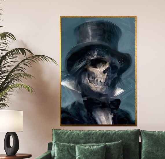 Gothic Skull in Top Hat and Bow Tie Dark Painterly Art Poster