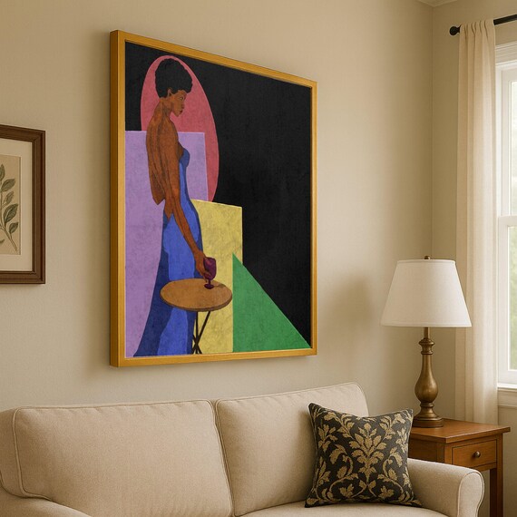Chic Elegant Woman in Blue Dress Modern Abstract Canvas Wall Art